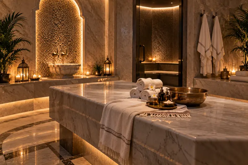 Marble Moroccan bath room – New Sun Thai Spa, Liwan